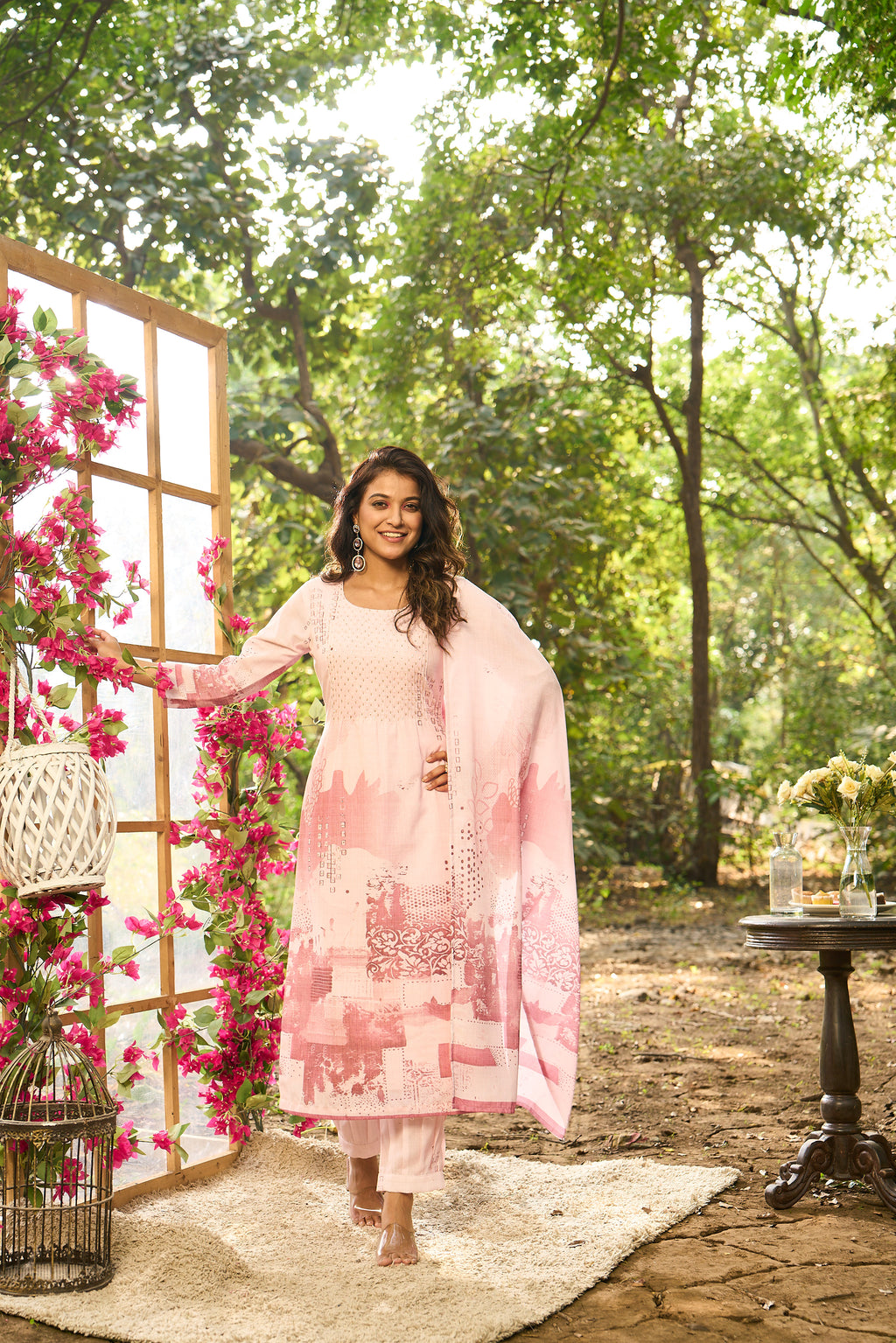 Girl's Pink Angrakha Kurta and Pant Set with Dupatta