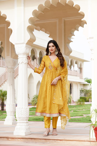 Festive Yellow Jacquard Flair Kurta Set