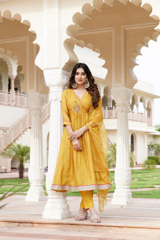 Festive Yellow Jacquard Flair Kurta Set