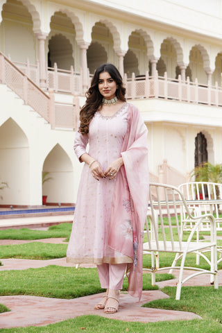 Floral & Golden Motif Pink Jacquard Kurta Set