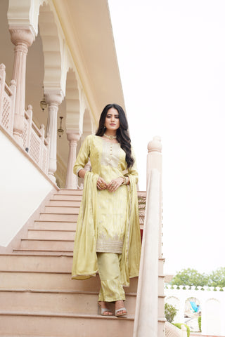 Floral and Geometric Yellow Silk Kurta Set