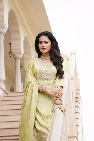 Floral and Geometric Yellow Silk Kurta Set