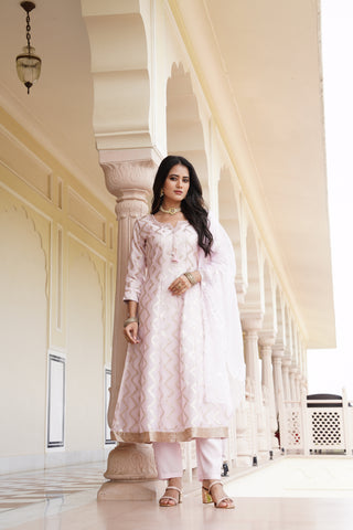 Golden Embroidered Light Pink Jacquard Kurta Set