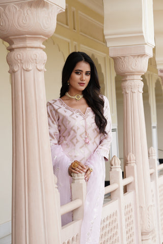 Golden Embroidered Light Pink Jacquard Kurta Set