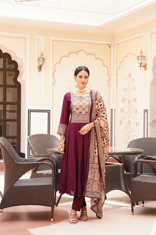 Purple Embroidered Roman Silk Set