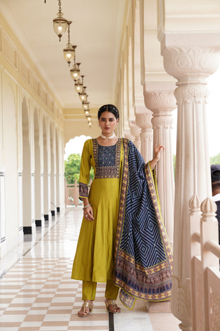 Golden Bloom Light Green Kurta with Navy Dupatta