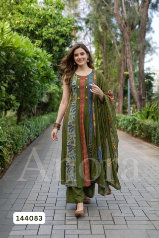 Elegant Olive Green Silk Flair Sleeveless Kurti, Palazzo & Dupatta Palazzo Set with Printed Panels & Mirror Work