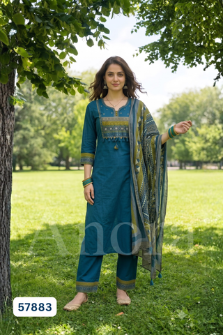 Elegant Teal Blue Cotton Kurti, Palazzo & Dupatta Set with Embroidered Yoke & Tassel Detailing