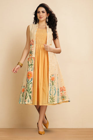 Floral Printed Yellow A-Line Kurti with Jacket