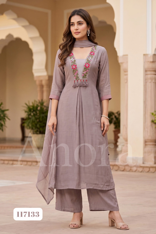 Elegant Mauve Mul Chanderi Embroidered Palazzo Set with Dupatta