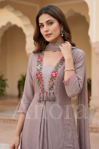 Elegant Mauve Mul Chanderi Embroidered Palazzo Set with Dupatta