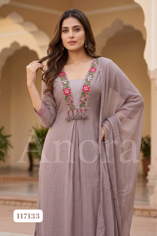 Elegant Mauve Mul Chanderi Embroidered Palazzo Set with Dupatta