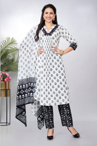 Elegant Black & White Three-Piece Kurta Set