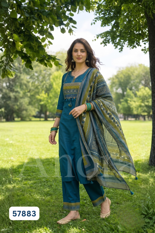Elegant Teal Blue Cotton Kurti, Palazzo & Dupatta Set with Embroidered Yoke & Tassel Detailing