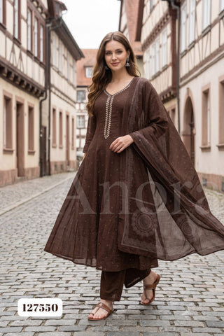 Rich Brown Cotton Flared Kurti with Palazzo and Printed Dupatta