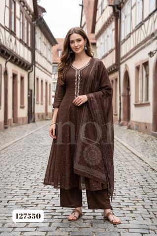 Rich Brown Cotton Flared Kurti with Palazzo and Printed Dupatta