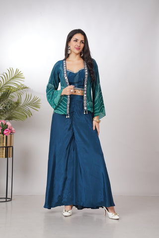 Indo-Western Teal Blue Crop top Palazzo Set with Jacket