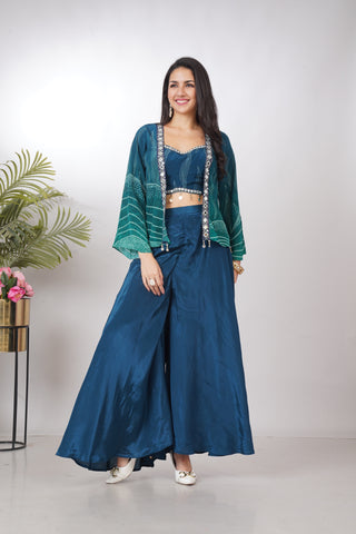 Indo-Western Teal Blue Crop top Palazzo Set with Jacket