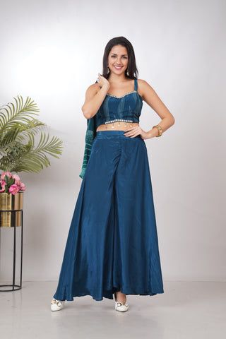 Indo-Western Teal Blue Crop top Palazzo Set with Jacket