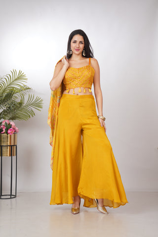Bright Mustard Yellow Crop Top Palazzo Set with Embroidered Jacket