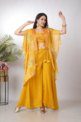 Bright Mustard Yellow Crop Top Palazzo Set with Embroidered Jacket