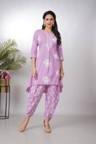 Lavender Printed Kurti with Dhoti Pants