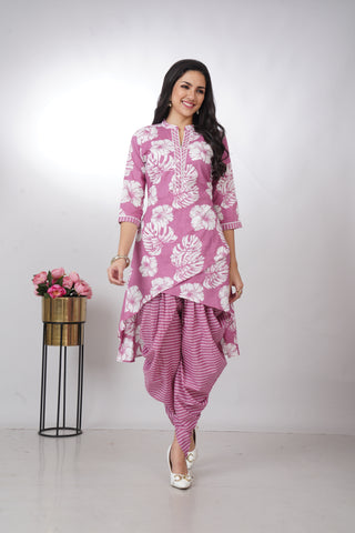 Stylish Pink Floral Kurti with Striped Dhoti Pants