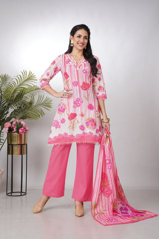 Pink Floral Printed Palazzo Kurta set With Duppata