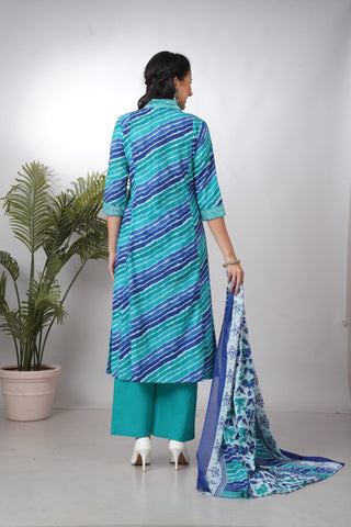 Teal & Blue Striped Anarkali Kurta Set with Floral Print