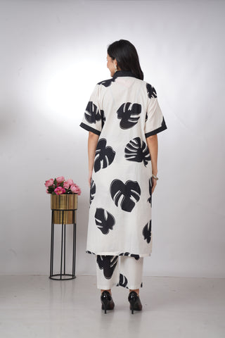 Contemporary White and Black Leaf Print Cotton Kurta Set