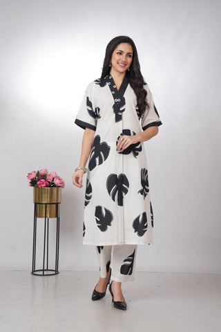 Contemporary White and Black Leaf Print Cotton Kurta Set