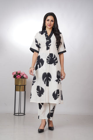 Contemporary White and Black Leaf Print Cotton Kurta Set
