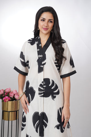 Contemporary White and Black Leaf Print Cotton Kurta Set