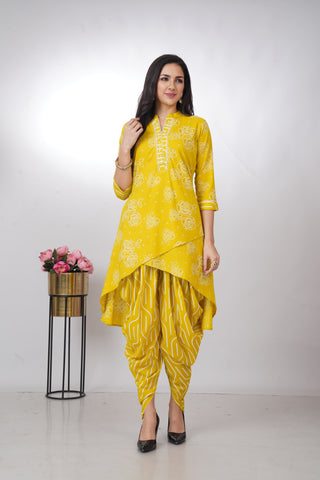 Stylish & Comfortable Printed Yellow Dhoti Kurta Set