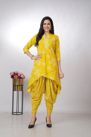 Stylish & Comfortable Printed Yellow Dhoti Kurta Set