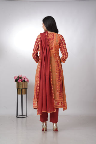 Elegant Rust Orange Printed Anarkali Kurta Set