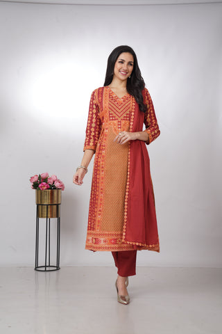 Elegant Rust Orange Printed Anarkali Kurta Set