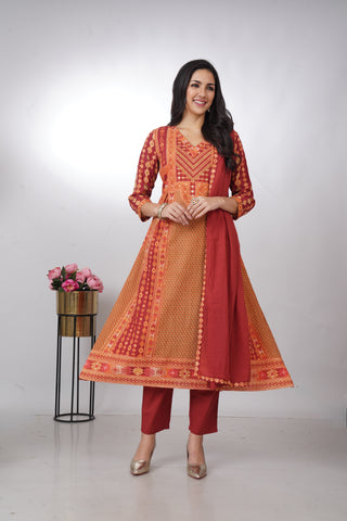 Elegant Rust Orange Printed Anarkali Kurta Set