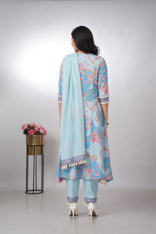 Vibrant Sky Blue Floral Anarkali Kurta Set with Dupatta