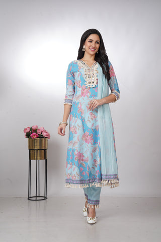 Vibrant Sky Blue Floral Anarkali Kurta Set with Dupatta
