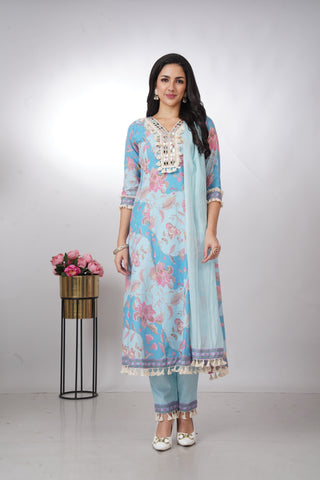 Vibrant Sky Blue Floral Anarkali Kurta Set with Dupatta