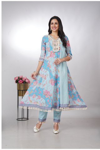 Vibrant Sky Blue Floral Anarkali Kurta Set with Dupatta