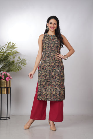 Cotton Black Floral Kurta with Palazzo Pants
