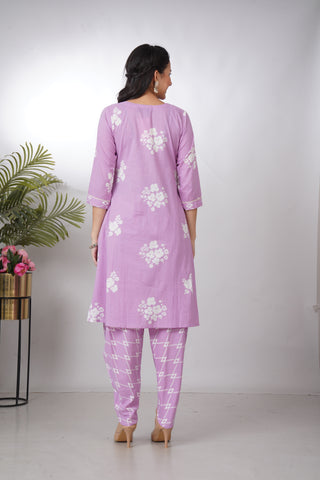 Lavender Printed Kurti with Dhoti Pants