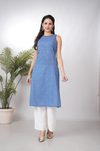 Minimal Blue Cotton Kurta Set with White Pant