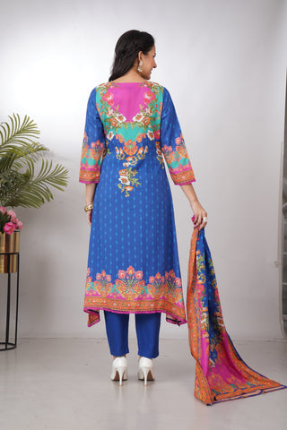Royal Blue & Pink Printed Straight Kurta Set with Dupatta