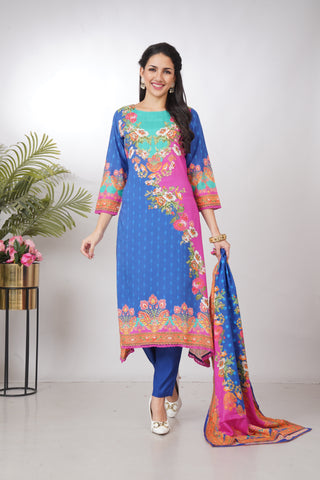 Royal Blue & Pink Printed Straight Kurta Set with Dupatta