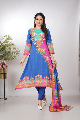 Royal Blue & Pink Printed Straight Kurta Set with Dupatta