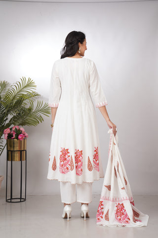 Elegant White Cotton Anarkali Kurta Set with Handblock Floral Print
