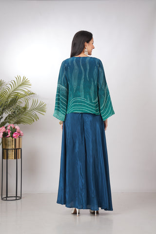 Indo-Western Teal Blue Crop top Palazzo Set with Jacket